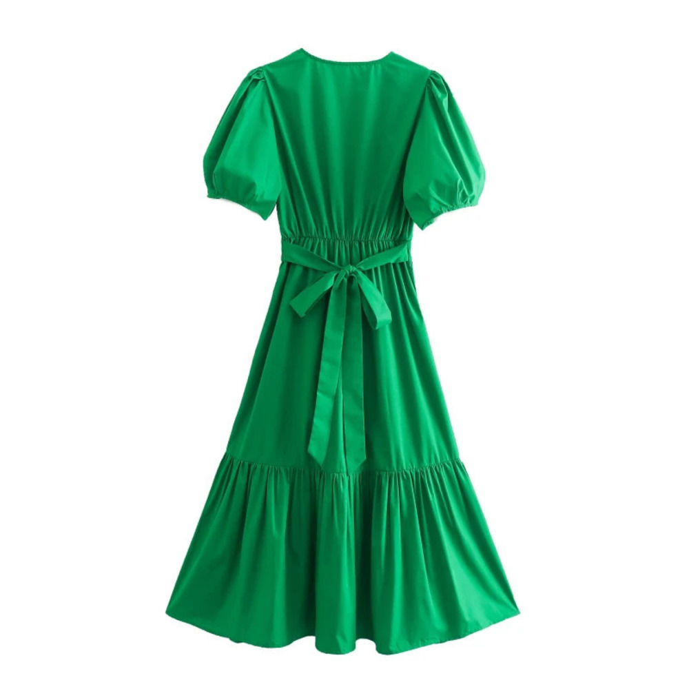 Green Colorblock Square Neck Short Sleeve Dress